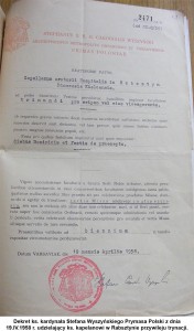 Dekret ks. kardynała Stefana Wyszyńskiego Prymasa Polski z dnia 19.IV.1958 r. udzielający ks. kapelanowi w Rabsztynie przywileju trynacji.