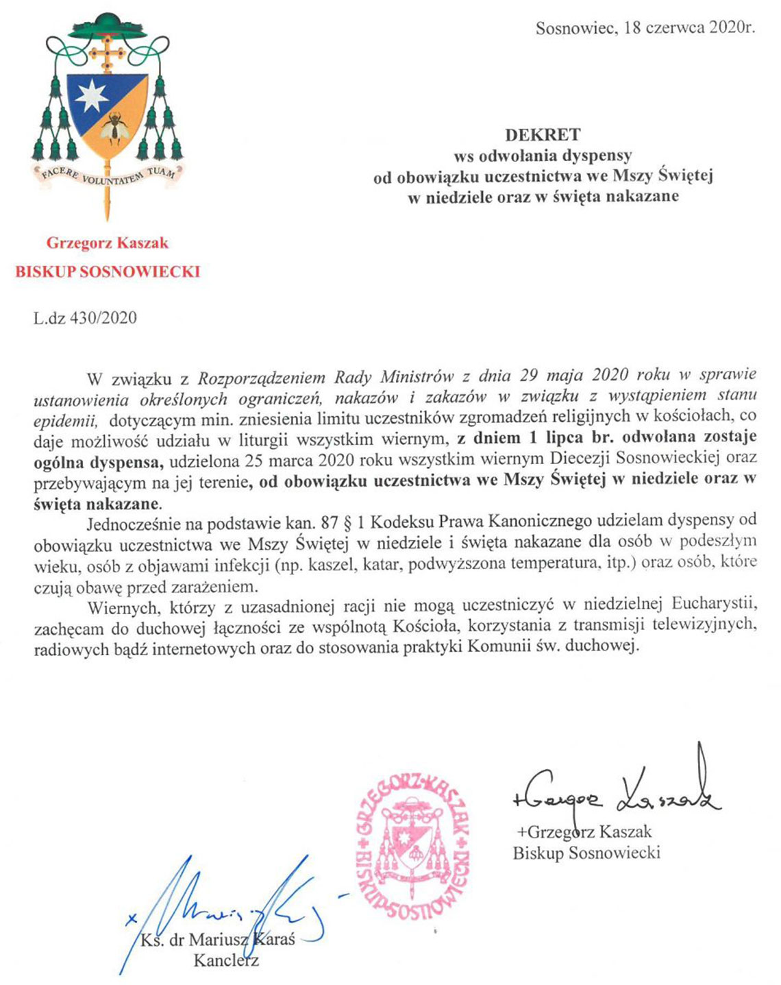 Dekret Biskupa Sosnowieckiego ws. odwołania dyspensy